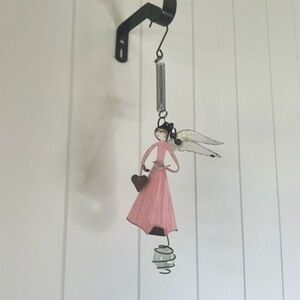 Metal Hanging Angel Figure Pink Dress Wings Heart Friendship Gift 10.5" Long